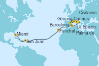Visitando Cannes (Francia), Génova (Italia), La Spezia, Florencia y Pisa (Italia), Civitavecchia (Roma), Palma de Mallorca (España), Barcelona, Funchal (Madeira), San Juan (Puerto Rico), Miami (Florida/EEUU)