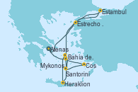 Visitando Atenas (Grecia), Estrecho de Dardanelos - Experiencia a bordo, Estambul (Turquía), Mykonos (Grecia), Bahía de Mykonos - Experiencia a bordo, Bahía de Mykonos - Experiencia a bordo, Heraklion (Creta), Santorini (Grecia), Santorini (Grecia), Cos (Grecia), Atenas (Grecia)