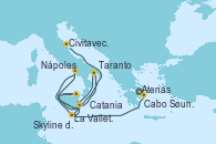 Visitando Atenas (Grecia)Cabo Sounion - Experiencia a bordo, La Valletta (Malta), Catania (Sicilia), Skyline del Etna - Experiencia a bordo, Taranto (Italia), La Valletta (Malta), Catania (Sicilia), Nápoles (Italia), Civitavecchia (Roma)