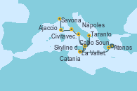 Visitando Atenas (Grecia)Cabo Sounion - Experiencia a bordo, La Valletta (Malta), Catania (Sicilia), Skyline del Etna - Experiencia a bordo, Taranto (Italia), La Valletta (Malta), Catania (Sicilia), Nápoles (Italia), Civitavecchia (Roma), Ajaccio (Córcega), Savona (Italia)