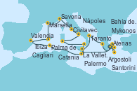 Visitando Atenas (Grecia), Santorini (Grecia), Mykonos (Grecia), La Valletta (Malta), Ibiza (España), Valencia, Palma de Mallorca (España), Marsella (Francia), Savona (Italia), Civitavecchia (Roma), Nápoles (Italia), Cagliari (Cerdeña), Palermo (Italia), La Valletta (Malta), Catania (Sicilia), Taranto (Italia), Argostoli (Grecia), Mykonos (Grecia), Bahía de Mykonos - Experiencia a bordo, Bahía de Mykonos - Experiencia a bordo, Atenas (Grecia)