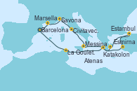 Visitando Barcelona, Marsella (Francia), Savona (Italia), Civitavecchia (Roma), Messina (Sicilia), Esmirna (Turquía), Estambul (Turquía), Atenas (Grecia), Katakolon (Olimpia/Grecia), La Goulette (Tunez), Barcelona