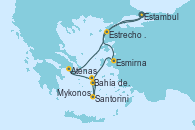 Visitando Estambul (Turquía), Esmirna (Turquía), Mykonos (Grecia), Bahía de Mykonos - Experiencia a bordo, Bahía de Mykonos - Experiencia a bordo, Santorini (Grecia), Santorini (Grecia), Atenas (Grecia), Estrecho de Dardanelos - Experiencia a bordo, Estambul (Turquía)