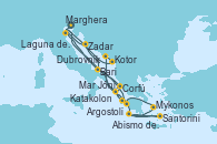 Visitando Marghera (Venecia/Italia)Laguna de Venecia - Experiencia a bordo, Bari (Italia), Abismo de Calipso - Experiencia a bordo, Abismo de Calipso - Experiencia a bordo, Santorini (Grecia), Mykonos (Grecia), Katakolon (Olimpia/Grecia), Mar Jónico - Experiencia a bordo, Mar Jónico - Experiencia a bordo, Marghera (Venecia/Italia), Laguna de Venecia - Experiencia a bordo, Bari (Italia), Corfú (Grecia), Mar Jónico - Experiencia a bordo, Mar Jónico - Experiencia a bordo, Argostoli (Grecia), Dubrovnik (Croacia), Kotor (Montenegro), Zadar (Croacia), Marghera (Venecia/Italia)
