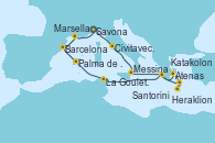 Visitando Savona (Italia), Civitavecchia (Roma), Messina (Sicilia), Atenas (Grecia), Heraklion (Creta), Santorini (Grecia), Katakolon (Olimpia/Grecia), La Goulette (Tunez), Palma de Mallorca (España), Barcelona, Marsella (Francia), Savona (Italia)