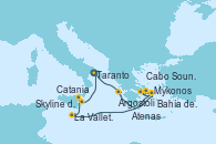 Visitando Taranto (Italia), Argostoli (Grecia), Mykonos (Grecia), Bahía de Mykonos - Experiencia a bordo, Bahía de Mykonos - Experiencia a bordo, Atenas (Grecia), Cabo Sounion - Experiencia a bordo, La Valletta (Malta), Catania (Sicilia), Skyline del Etna - Experiencia a bordo, Taranto (Italia)