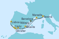 Visitando Barcelona, Alicante (España), Lisboa (Portugal), Cádiz (España), Gibraltar (Inglaterra), Málaga, Marsella (Francia), Savona (Italia), Barcelona