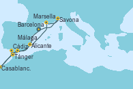 Visitando Barcelona, Tánger (Marruecos), Casablanca (Marruecos), Cádiz (España), Málaga, Alicante (España), Marsella (Francia), Savona (Italia), Barcelona