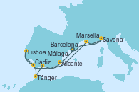 Visitando Barcelona, Alicante (España), Lisboa (Portugal), Cádiz (España), Tánger (Marruecos), Málaga, Marsella (Francia), Savona (Italia), Barcelona
