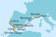 Visitando Barcelona, Alicante (España), Cartagena (Murcia), Málaga, Tánger (Marruecos), Cádiz (España), Gibraltar (Inglaterra), Lisboa (Portugal), Marsella (Francia), Savona (Italia), Barcelona