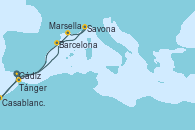 Visitando Cádiz (España), Barcelona, Marsella (Francia), Savona (Italia), Barcelona, Tánger (Marruecos), Casablanca (Marruecos), Cádiz (España)