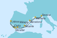 Visitando Cádiz (España), Gibraltar (Inglaterra), Málaga, Marsella (Francia), Savona (Italia), Barcelona, Alicante (España), Lisboa (Portugal), Cádiz (España)