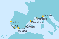Visitando Cádiz (España), Málaga, Alicante (España), Marsella (Francia), Savona (Italia), Barcelona, Alicante (España), Lisboa (Portugal), Cádiz (España)
