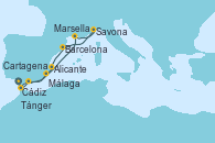 Visitando Cádiz (España), Tánger (Marruecos), Málaga, Marsella (Francia), Savona (Italia), Barcelona, Alicante (España), Cartagena (Murcia), Málaga, Tánger (Marruecos), Cádiz (España)