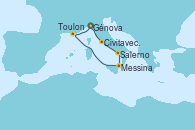 Visitando Génova (Italia), Civitavecchia (Roma), Salerno (Italia), Messina (Sicilia), Toulon (Francia), Génova (Italia)