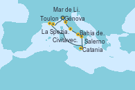 Visitando Génova (Italia), La Spezia, Florencia y Pisa (Italia), Civitavecchia (Roma), Salerno (Italia), Bahía de Capri - Experiencia a bordo, Catania (Sicilia), Toulon (Francia), Mar de Liguria - Experiencia a bordo, Mar de Liguria - Experiencia a bordo, Génova (Italia)