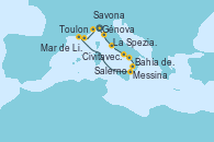 Visitando Génova (Italia), La Spezia, Florencia y Pisa (Italia), Civitavecchia (Roma), Salerno (Italia), Bahía de Capri - Experiencia a bordo, Messina (Sicilia), Bahía de Stromboli, Toulon (Francia), Mar de Liguria - Experiencia a bordo, Mar de Liguria - Experiencia a bordo, Savona (Italia)