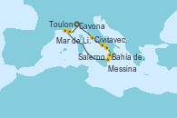 Visitando Savona (Italia), Civitavecchia (Roma), Salerno (Italia), Bahía de Capri - Experiencia a bordo, Messina (Sicilia), Bahía de Stromboli, Toulon (Francia), Mar de Liguria - Experiencia a bordo, Mar de Liguria - Experiencia a bordo, Savona (Italia)