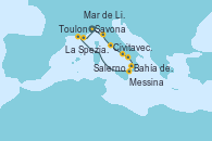 Visitando Savona (Italia), La Spezia, Florencia y Pisa (Italia), Civitavecchia (Roma), Salerno (Italia), Bahía de Capri - Experiencia a bordo, Messina (Sicilia), Bahía de Stromboli, Toulon (Francia), Mar de Liguria - Experiencia a bordo, Mar de Liguria - Experiencia a bordo, Savona (Italia)