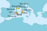 Visitando Savona (Italia), Olbia (Cerdeña), Golfo Aranci - Experiencia a bordo, Valencia, Bahía de Formentera - Experiencia a bordo, Ibiza (España), Ibiza (España), Palma de Mallorca (España), Marsella (Francia), Mar de Liguria - Experiencia a bordo, Mar de Liguria - Experiencia a bordo, Savona (Italia)