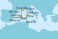Visitando Savona (Italia), Olbia (Cerdeña), Golfo Aranci - Experiencia a bordo, Valencia, Bahía de Formentera - Experiencia a bordo, Ibiza (España), Ibiza (España), Palma de Mallorca (España), Toulon (Francia), Mar de Liguria - Experiencia a bordo, Mar de Liguria - Experiencia a bordo, Savona (Italia)