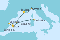 Visitando Savona (Italia), Golfo Aranci - Experiencia a bordo, Valencia, Bahía de Formentera - Experiencia a bordo, Ibiza (España), Ibiza (España), Palma de Mallorca (España), Toulon (Francia), Savona (Italia)