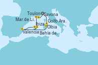 Visitando Savona (Italia), Olbia (Cerdeña), Golfo Aranci - Experiencia a bordo, Valencia, Bahía de Formentera - Experiencia a bordo, Ibiza (España), Ibiza (España), Toulon (Francia), Mar de Liguria - Experiencia a bordo, Mar de Liguria - Experiencia a bordo, Savona (Italia)