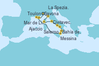 Visitando Savona (Italia), La Spezia, Florencia y Pisa (Italia), Ajaccio (Córcega), Civitavecchia (Roma), Salerno (Italia), Bahía de Capri - Experiencia a bordo, Messina (Sicilia), Bahía de Stromboli, Toulon (Francia), Mar de Liguria - Experiencia a bordo, Mar de Liguria - Experiencia a bordo, Savona (Italia)