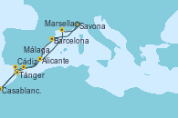 Visitando Savona (Italia), Barcelona, Tánger (Marruecos), Casablanca (Marruecos), Cádiz (España), Málaga, Alicante (España), Marsella (Francia), Savona (Italia)
