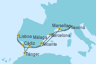 Visitando Savona (Italia), Barcelona, Alicante (España), Lisboa (Portugal), Cádiz (España), Tánger (Marruecos), Málaga, Marsella (Francia), Savona (Italia)
