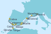 Visitando Savona (Italia), Barcelona, Alicante (España), Cartagena (Murcia), Málaga, Tánger (Marruecos), Cádiz (España), Gibraltar (Inglaterra), Lisboa (Portugal), Marsella (Francia), Savona (Italia)