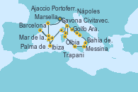Visitando Savona (Italia), Civitavecchia (Roma), Nápoles (Italia), Bahía de Capri - Experiencia a bordo, Messina (Sicilia), Bahía de Stromboli, Trapani (Italia), Olbia (Cerdeña), Golfo Aranci - Experiencia a bordo, Portoferraio (Italia), Ajaccio (Córcega), Bahía de Formentera - Experiencia a bordo, Ibiza (España), Ibiza (España), Palma de Mallorca (España), Barcelona, Mar de las Baleares - Experiencia a bordo, Mar de las Baleares - Experiencia a bordo, Marsella (Francia), Savona (Italia)