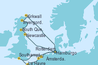 Visitando Hamburgo (Alemania), Newcastle (Reino Unido), South Queensferry (Escocia), Invergordon (Escocia), Kirkwall (Escocia), Hamburgo (Alemania), Southampton (Inglaterra), Le Havre (Francia), Rotterdam (Holanda), Ámsterdam (Holanda), Hamburgo (Alemania), Hamburgo (Alemania)