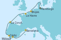 Visitando Hamburgo (Alemania), Brujas (Bélgica), Le Havre (Francia), La Coruña (Galicia/España), Cádiz (España), Málaga, Barcelona