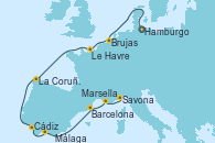 Visitando Hamburgo (Alemania), Brujas (Bélgica), Le Havre (Francia), La Coruña (Galicia/España), Cádiz (España), Málaga, Barcelona, Marsella (Francia), Savona (Italia)
