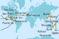 Visitando Barcelona, Lisboa (Portugal), Ponta Delgada (Azores), Praia da Vittoria (Azores), Nueva York (Estados Unidos), Nueva York (Estados Unidos), Fort Lauderdale (Florida/EEUU), Fort Lauderdale (Florida/EEUU), OBAN (HALFMOON BAY), Puerto Cristóbal (Panamá), Puntarenas (Costa Rica), Puerto Quetzal (Guatemala), Puerto Vallarta (México), Cabo San Lucas (México), San Diego (California/EEUU), Los Ángeles (California), Los Ángeles (California), San Francisco (California/EEUU), San Francisco (California/EEUU), Honolulu (Hawái), Ito (Hilo), Papeete (Tahití), Suva (Fiyi), Lifou (Isla Loyalty/Nueva Caledonia), Nouméa (Nueva Caledonia), Sydney (Australia), Sydney (Australia), Newcastle (Australia), Cairns (Australia), Rabaul (Papúa Nueva Guinea), Tokio (Japón), Tokio (Japón), Kobe (Japón), Nagasaki (Japón), Busán (Corea del Sur), Keelung (Taiwán), Hong Kong (China)