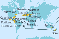 Visitando Civitavecchia (Roma), Savona (Italia), Marsella (Francia), Barcelona, Lisboa (Portugal), Ponta Delgada (Azores), Praia da Vittoria (Azores), Nueva York (Estados Unidos), Nueva York (Estados Unidos), Fort Lauderdale (Florida/EEUU), Fort Lauderdale (Florida/EEUU), OBAN (HALFMOON BAY), Puerto Cristóbal (Panamá), Puntarenas (Costa Rica), Puerto Quetzal (Guatemala), Puerto Vallarta (México), Cabo San Lucas (México), San Diego (California/EEUU), Los Ángeles (California), Los Ángeles (California), San Francisco (California/EEUU), San Francisco (California/EEUU), Honolulu (Hawái), Ito (Hilo), Papeete (Tahití), Suva (Fiyi), Lifou (Isla Loyalty/Nueva Caledonia), Nouméa (Nueva Caledonia), Sydney (Australia)