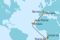 Visitando Ciudad del Cabo (Sudáfrica), Walvis Bay (Namibia), Mindelo (Cabo Verde), Las Palmas de Gran Canaria (España), Barcelona, Marsella (Francia)
