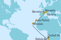 Visitando Ciudad del Cabo (Sudáfrica), Walvis Bay (Namibia), Mindelo (Cabo Verde), Las Palmas de Gran Canaria (España), Barcelona, Marsella (Francia), Savona (Italia)