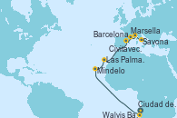Visitando Ciudad del Cabo (Sudáfrica), Walvis Bay (Namibia), Mindelo (Cabo Verde), Las Palmas de Gran Canaria (España), Barcelona, Marsella (Francia), Savona (Italia), Civitavecchia (Roma)