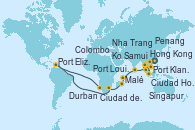 Visitando Hong Kong (China), Hong Kong (China), Nha Trang (Vietnam), Ciudad Ho Chi Minh (Vietnam), Ko Samui (Tailandia), Singapur, Port Klang (Malasia), Penang (Malasia), Colombo (Sri Lanka), Malé (Maldivas), Port Louis  (Mauricio), Durban (Sudáfrica), Port Elizabeth (San Vicente y Granadinas), Ciudad del Cabo (Sudáfrica)