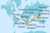 Visitando Hong Kong (China), Hong Kong (China), Nha Trang (Vietnam), Ciudad Ho Chi Minh (Vietnam), Ko Samui (Tailandia), Singapur, Port Klang (Malasia), Penang (Malasia), Colombo (Sri Lanka), Malé (Maldivas), Port Louis  (Mauricio), Durban (Sudáfrica), Port Elizabeth (San Vicente y Granadinas), Ciudad del Cabo (Sudáfrica), Walvis Bay (Namibia), Mindelo (Cabo Verde), Las Palmas de Gran Canaria (España), Barcelona, Marsella (Francia)