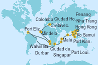 Visitando Hong Kong (China), Hong Kong (China), Nha Trang (Vietnam), Ciudad Ho Chi Minh (Vietnam), Ko Samui (Tailandia), Singapur, Port Klang (Malasia), Penang (Malasia), Colombo (Sri Lanka), Malé (Maldivas), Port Louis  (Mauricio), Durban (Sudáfrica), Port Elizabeth (San Vicente y Granadinas), Ciudad del Cabo (Sudáfrica), Walvis Bay (Namibia), Mindelo (Cabo Verde), Las Palmas de Gran Canaria (España), Barcelona, Marsella (Francia), Savona (Italia), Civitavecchia (Roma)