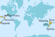 Visitando San Francisco (California/EEUU), San Francisco (California/EEUU), Honolulu (Hawái), Ito (Hilo), Papeete (Tahití), Suva (Fiyi), Lifou (Isla Loyalty/Nueva Caledonia), Nouméa (Nueva Caledonia), Sydney (Australia)