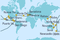 Visitando Savona (Italia), Marsella (Francia), Barcelona, Lisboa (Portugal), Ponta Delgada (Azores), Praia da Vittoria (Azores), Nueva York (Estados Unidos), Nueva York (Estados Unidos), Fort Lauderdale (Florida/EEUU), Fort Lauderdale (Florida/EEUU), OBAN (HALFMOON BAY), Puerto Cristóbal (Panamá), Puntarenas (Costa Rica), Puerto Quetzal (Guatemala), Puerto Vallarta (México), Cabo San Lucas (México), San Diego (California/EEUU), Los Ángeles (California), Los Ángeles (California), San Francisco (California/EEUU), San Francisco (California/EEUU), Honolulu (Hawái), Ito (Hilo), Papeete (Tahití), Suva (Fiyi), Lifou (Isla Loyalty/Nueva Caledonia), Nouméa (Nueva Caledonia), Sydney (Australia), Sydney (Australia), Newcastle (Australia), Cairns (Australia), Rabaul (Papúa Nueva Guinea), Tokio (Japón), Tokio (Japón), Kobe (Japón), Nagasaki (Japón), Busán (Corea del Sur), Keelung (Taiwán), Hong Kong (China)