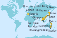 Visitando Sydney (Australia), Sydney (Australia), Newcastle (Australia), Cairns (Australia), Rabaul (Papúa Nueva Guinea), Tokio (Japón), Tokio (Japón), Kobe (Japón), Nagasaki (Japón), Busán (Corea del Sur), Keelung (Taiwán), Hong Kong (China), Hong Kong (China), Nha Trang (Vietnam), Ciudad Ho Chi Minh (Vietnam), Ko Samui (Tailandia), Singapur, Port Klang (Malasia), Penang (Malasia), Colombo (Sri Lanka), Malé (Maldivas), Port Louis  (Mauricio), Durban (Sudáfrica), Port Elizabeth (San Vicente y Granadinas), Ciudad del Cabo (Sudáfrica), Walvis Bay (Namibia), Mindelo (Cabo Verde), Las Palmas de Gran Canaria (España), Barcelona, Marsella (Francia)