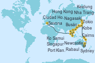 Visitando Sydney (Australia), Sydney (Australia), Newcastle (Australia), Cairns (Australia), Rabaul (Papúa Nueva Guinea), Tokio (Japón), Tokio (Japón), Kobe (Japón), Nagasaki (Japón), Busán (Corea del Sur), Keelung (Taiwán), Hong Kong (China), Hong Kong (China), Nha Trang (Vietnam), Ciudad Ho Chi Minh (Vietnam), Ko Samui (Tailandia), Singapur, Port Klang (Malasia), Penang (Malasia), Colombo (Sri Lanka), Malé (Maldivas), Port Louis  (Mauricio), Durban (Sudáfrica), Port Elizabeth (San Vicente y Granadinas), Ciudad del Cabo (Sudáfrica), Walvis Bay (Namibia), Mindelo (Cabo Verde), Las Palmas de Gran Canaria (España), Barcelona, Marsella (Francia), Savona (Italia)