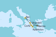 Visitando Atenas (Grecia), Katakolon (Olimpia/Grecia), Argostoli (Grecia), Corfú (Grecia), Bari (Italia), Atenas (Grecia)