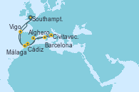 Visitando Southampton (Inglaterra), Vigo (España), Barcelona, Civitavecchia (Roma), Alghero (Cerdeña), Málaga, Cádiz (España), Southampton (Inglaterra)