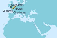 Visitando Southampton (Inglaterra), Brujas (Bélgica), Le Havre (Francia), Cherbourg (Francia), Southampton (Inglaterra)